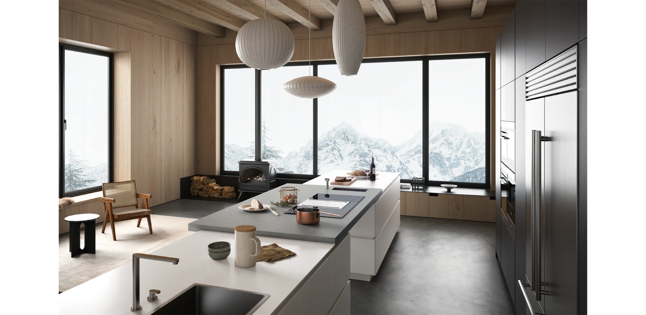 Cucina con Isola per Seconda Casa di Montagna